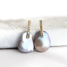 Load image into Gallery viewer, Sapphire Studded Grey Pearl Bar Earrings Alana Douvros Jewelry