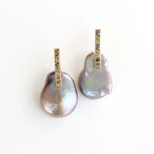 Sapphire Studded Grey Pearl Bar Earrings Alana Douvros Jewelry
