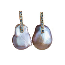 Load image into Gallery viewer, Sapphire Studded Grey Pearl Bar Earrings Alana Douvros Jewelry