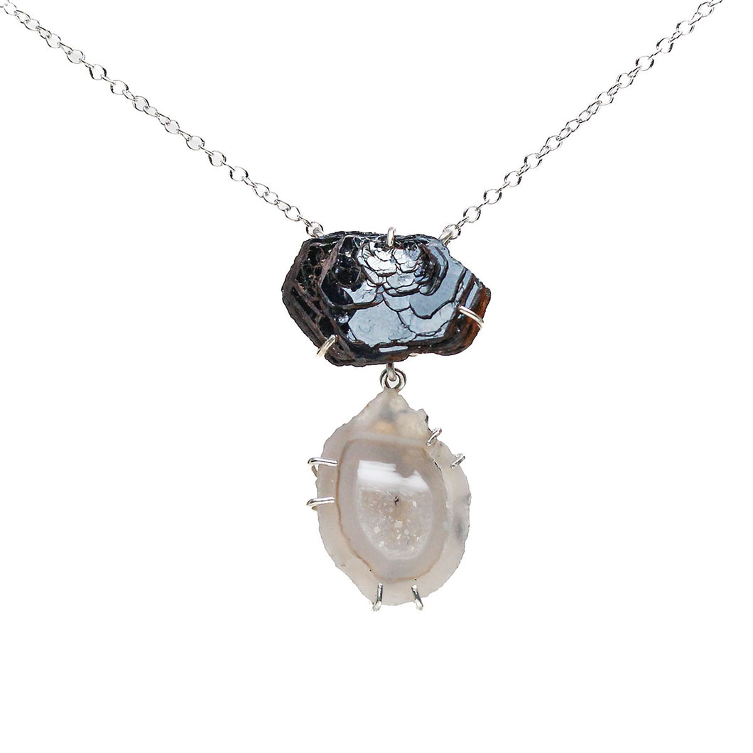 Hematite Rosette and Geode Druzy Necklace